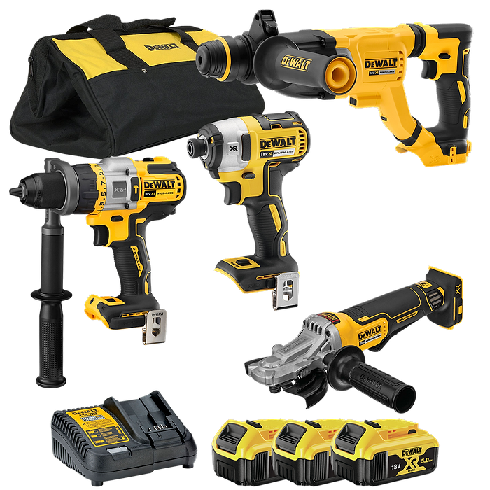 סט DeWALT 18V הכולל מברגת אימפקט, מקדחה, פטישון ומשחזת זווית – כולל 3 סוללות 18V 5Ah ומטען מהיר