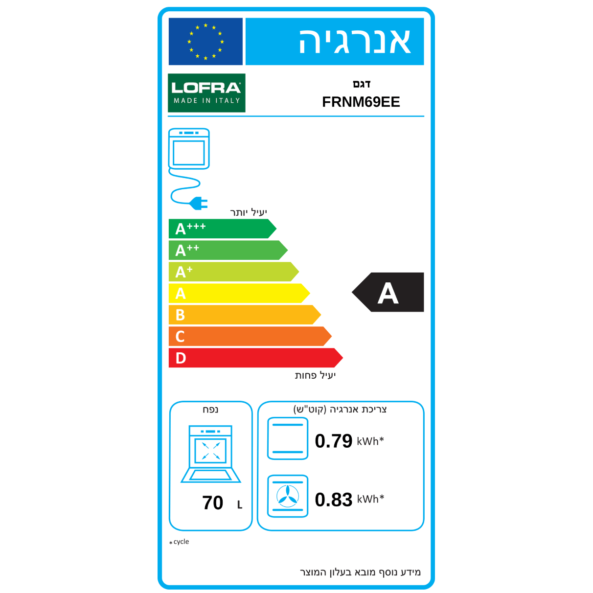 תנור אפייה בנוי 70 ליטר שחור דגם  LOFRA FRNM69EE| אחריות יבואן רשמי
