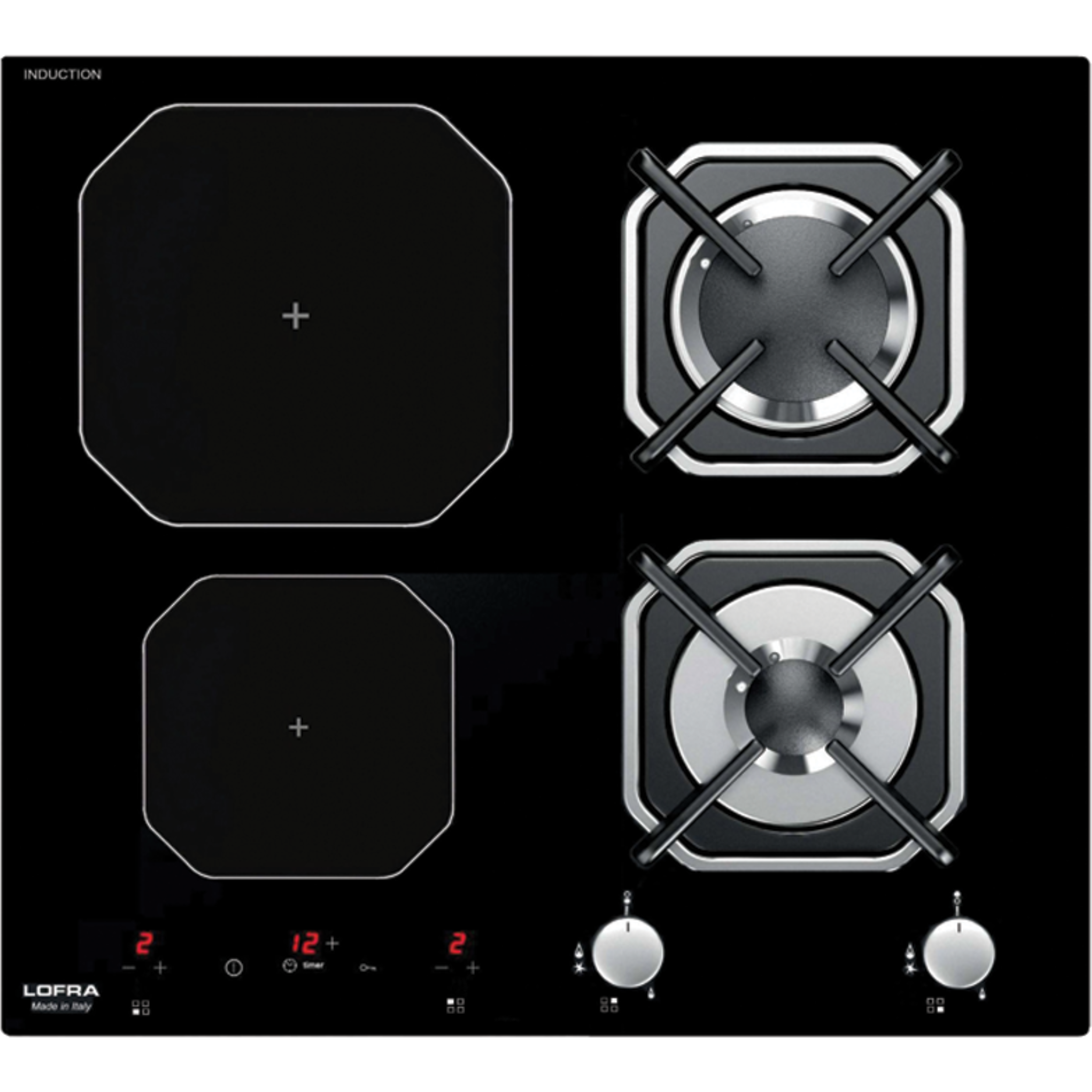 כיריים משולבות 2 להבות גז ו- 2 מוקדי בישול אינדוקציה 60 ס''מ Lofra HGN622I תוצרת איטליה - חד פאזי - צבע שחור אחריות ע
