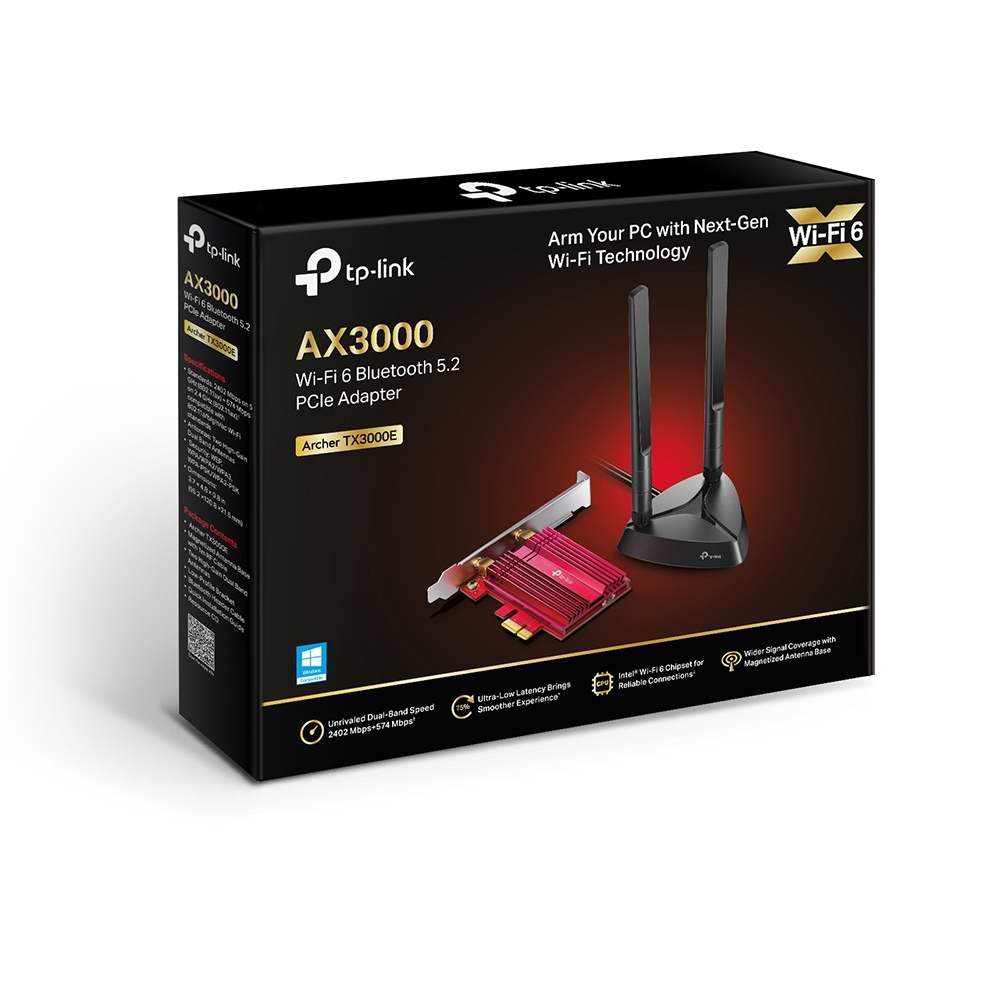 כרטיס רשת פנימי TP-Link Archer TX3000E AX3000 WiFi 6 Bluetooth 5.0 PCIe- בצבע שחור ואדום שלוש שנות אחריות ע