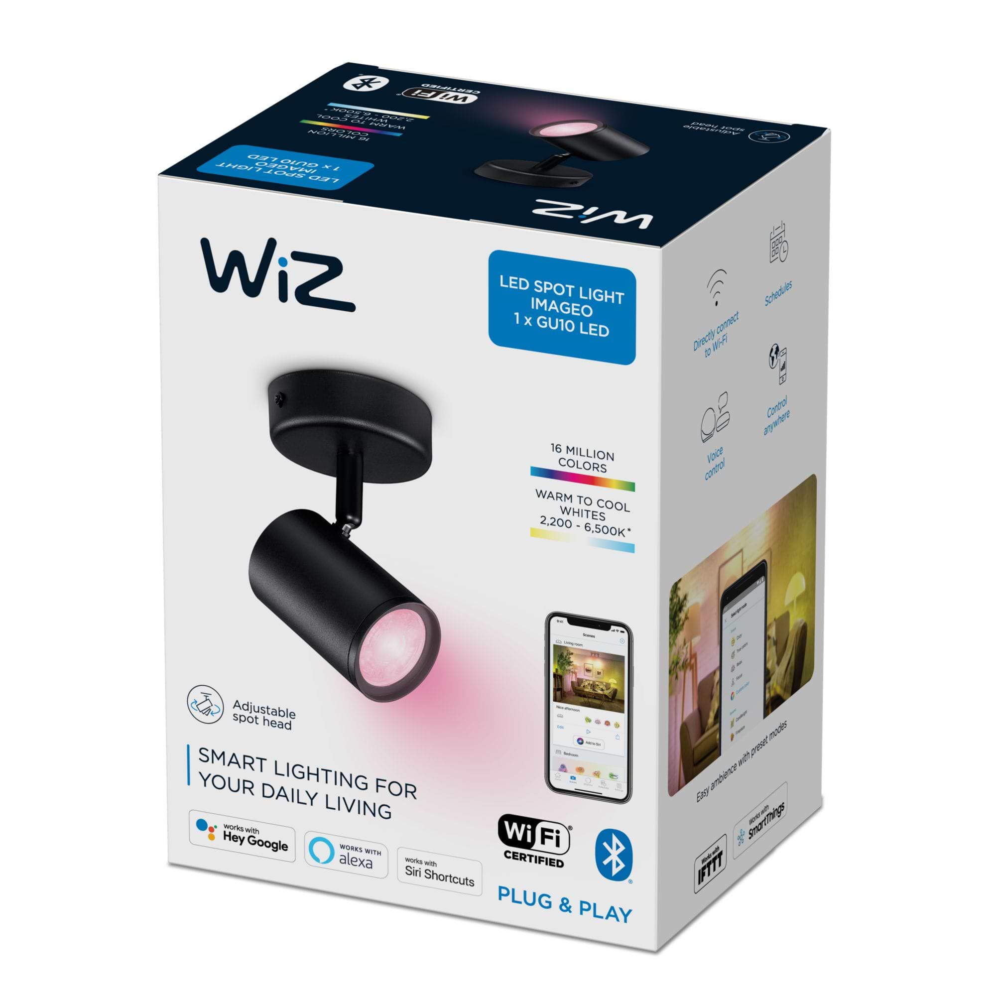 גוף תאורה חכם Wiz IMAGEO WiZ Spots 1x5W B RGB - צבע שחור שנתיים אחריות ע