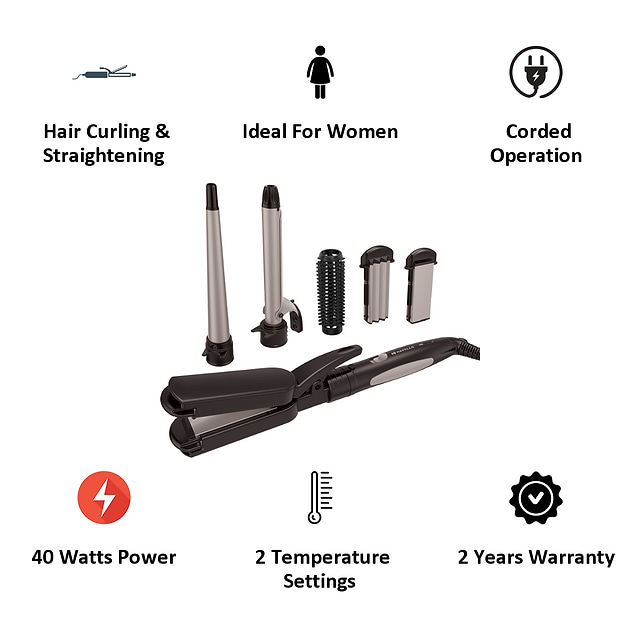 Buy Havells HC4040 5-in-1 Hair Styler (5 Attachments, Ceramic Plates,  Silver/Black) Online - Croma